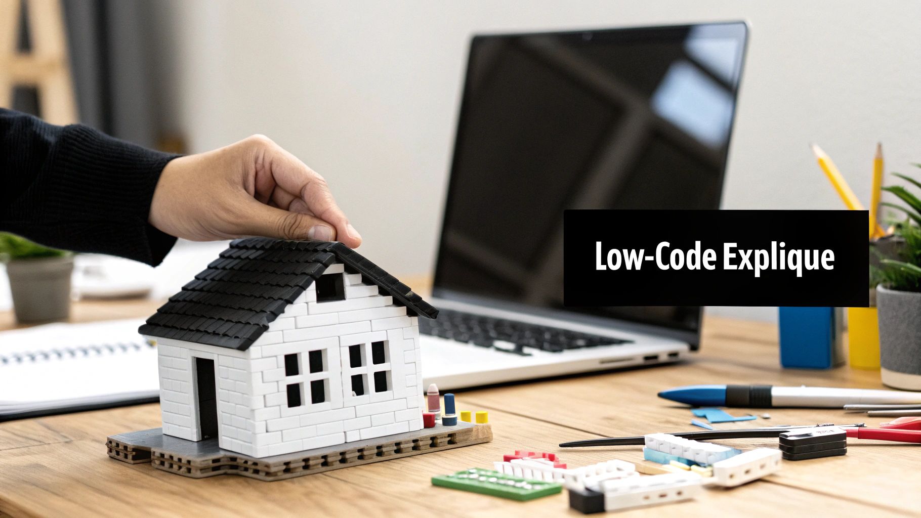 Main posant un toit sur une maison miniature en blocs, avec un ordinateur portable affichant 'Low-Code Explique'.