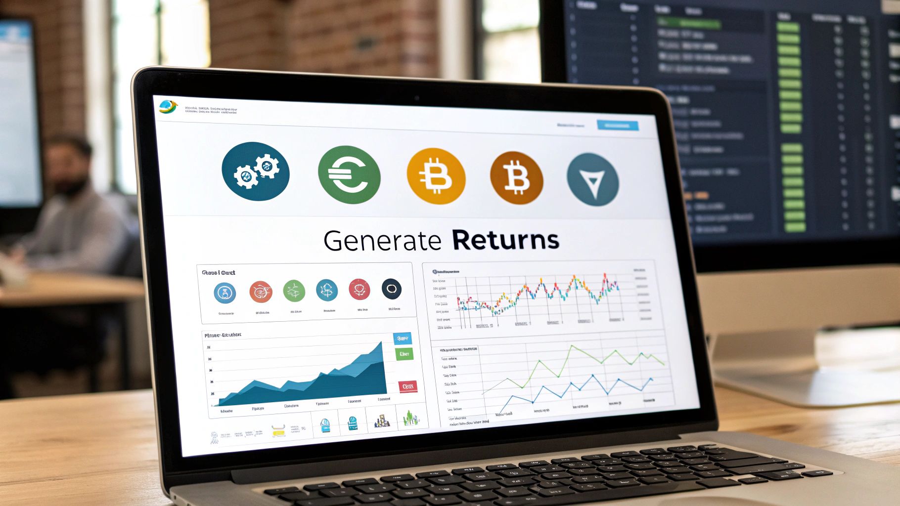 Man working with digital charts and graphs on multiple screens