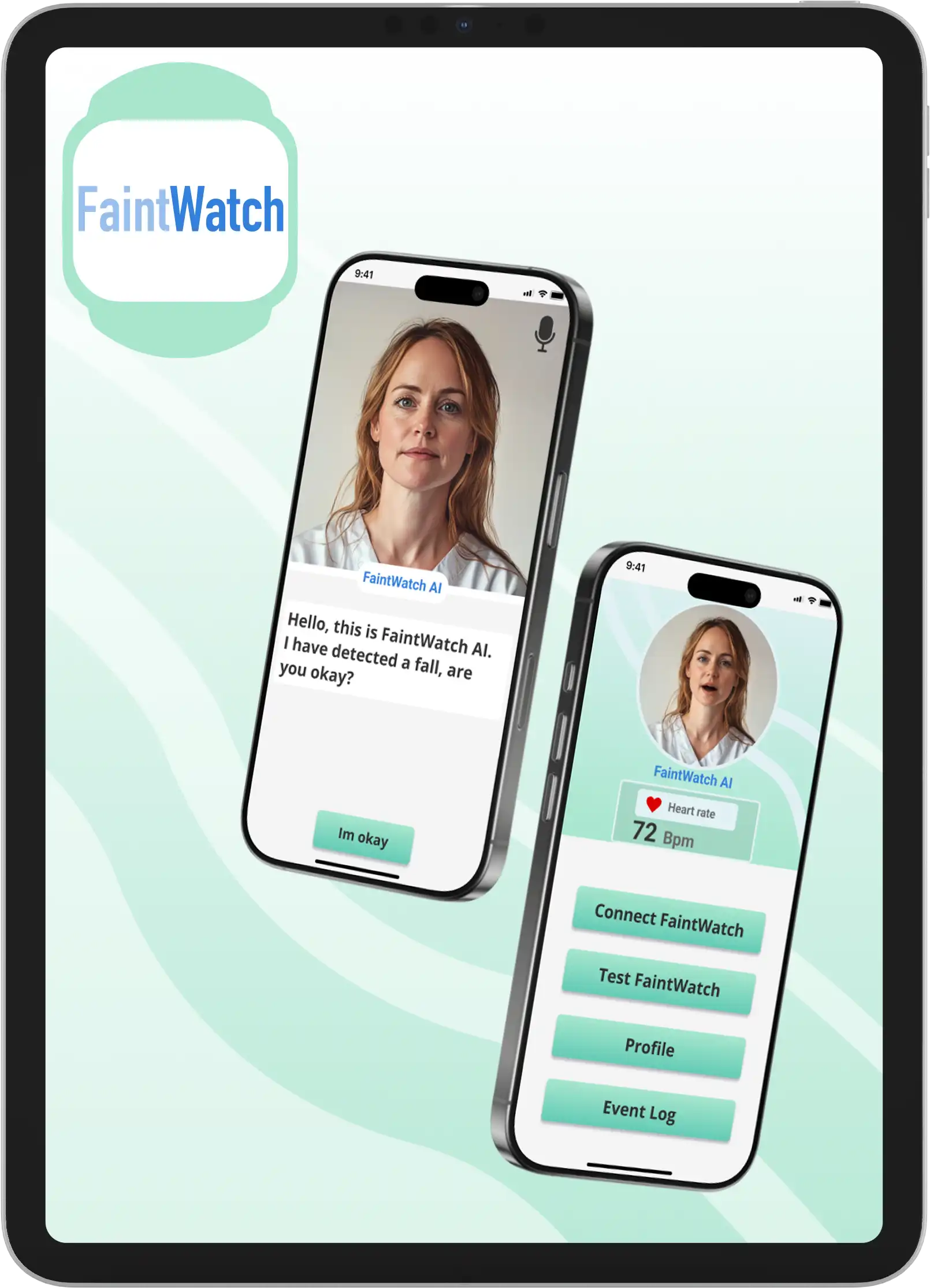 Bilden visar appen Faint watch och visa två telefoner med appen. 