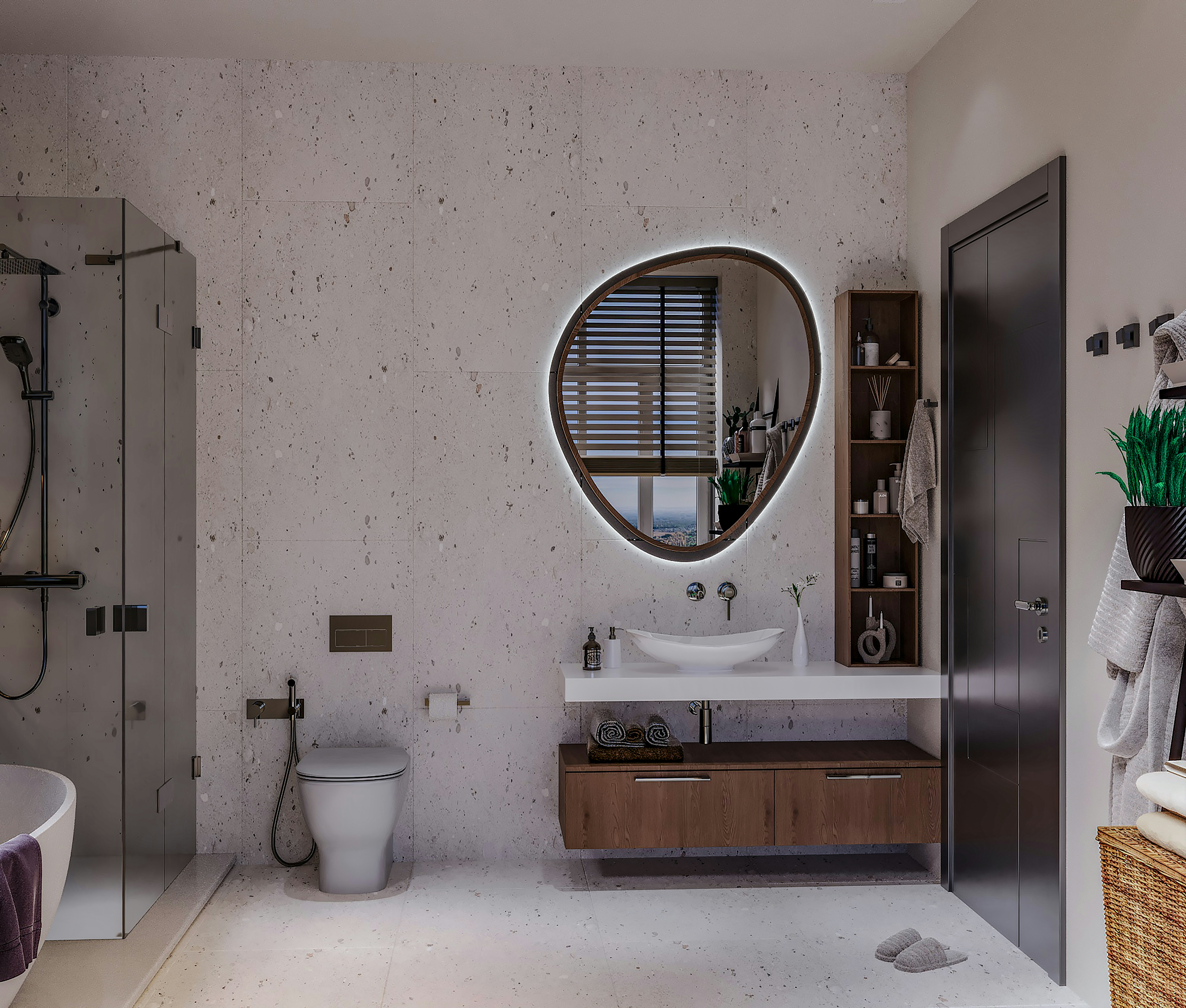A bathroom with a sink, mirror, toilet and tub