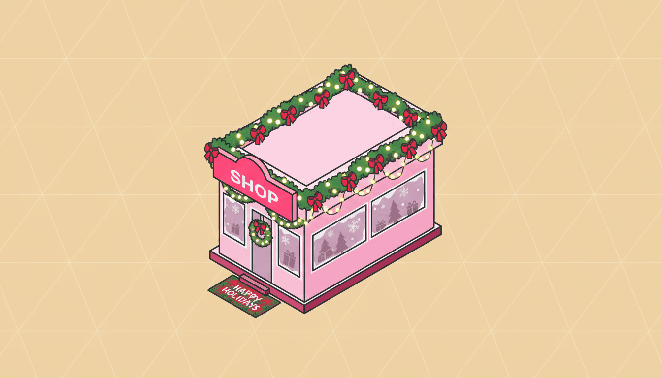 Festive pink retail shop decorated with Christmas garlands and wreaths illustrating holiday season CPG retail operations and automated EDI workflow efficiency.