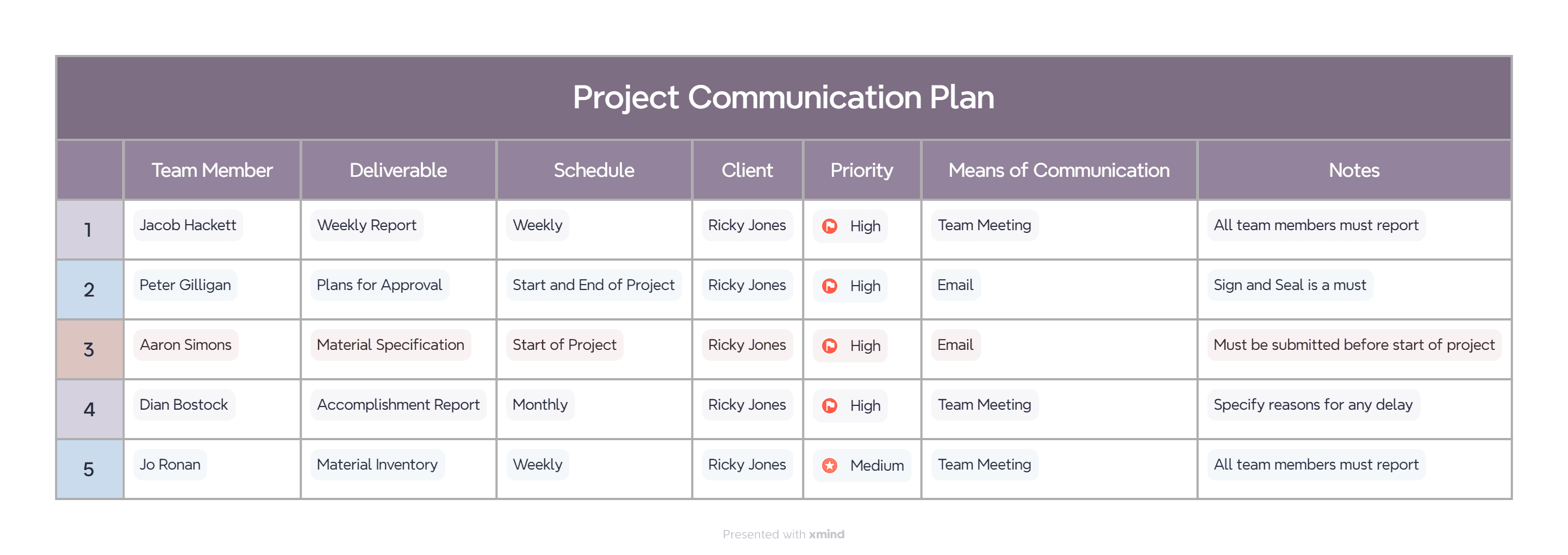 Project communication plan template with team details