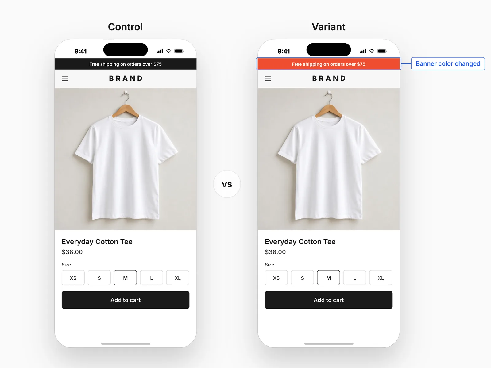 Announcement bar test: control black announcement bar versus variant red announcement bar on the same product page