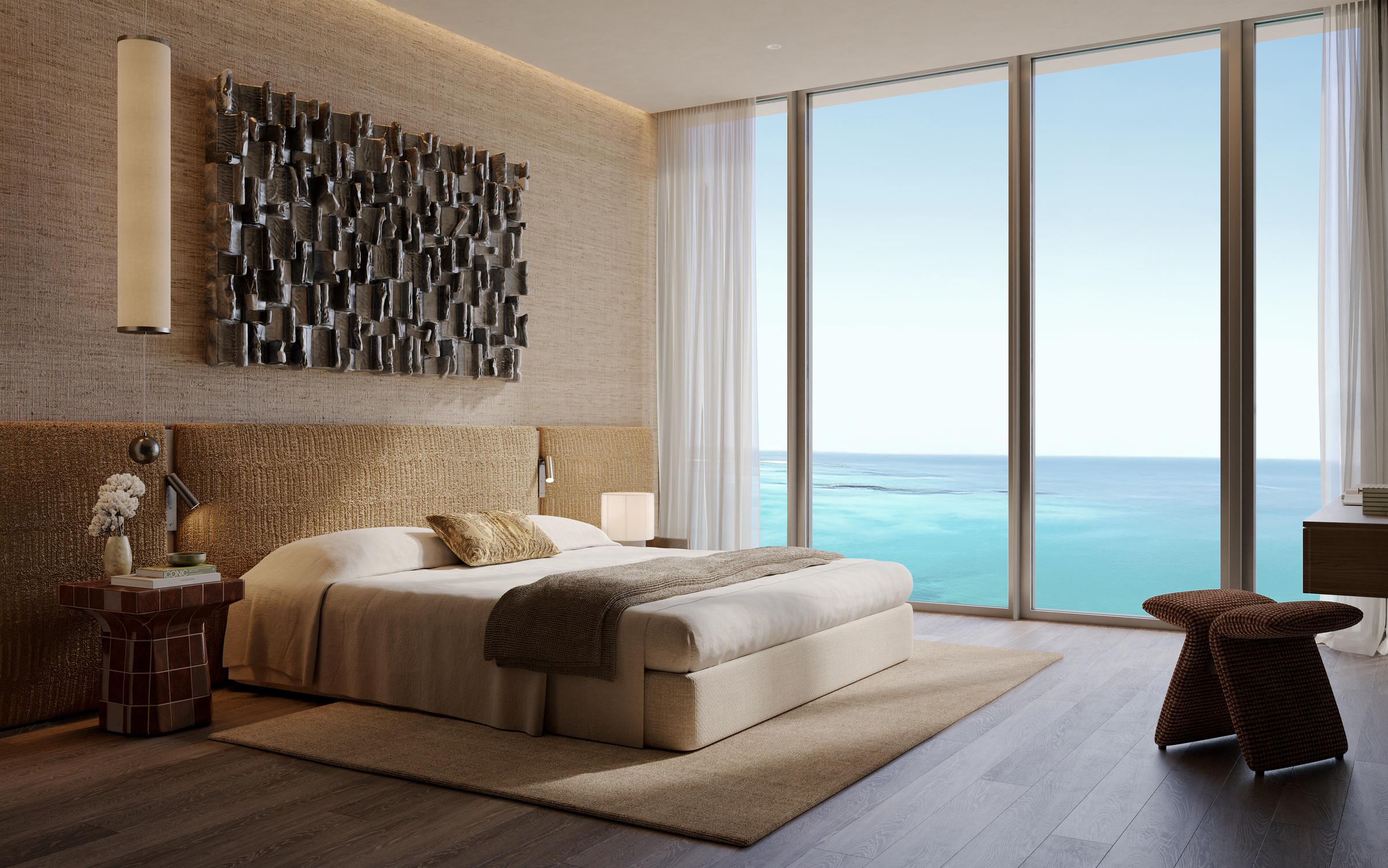 Luxury oceanfront master bedroom at Tilal Binghatti Dunes listed by our real estate agency.