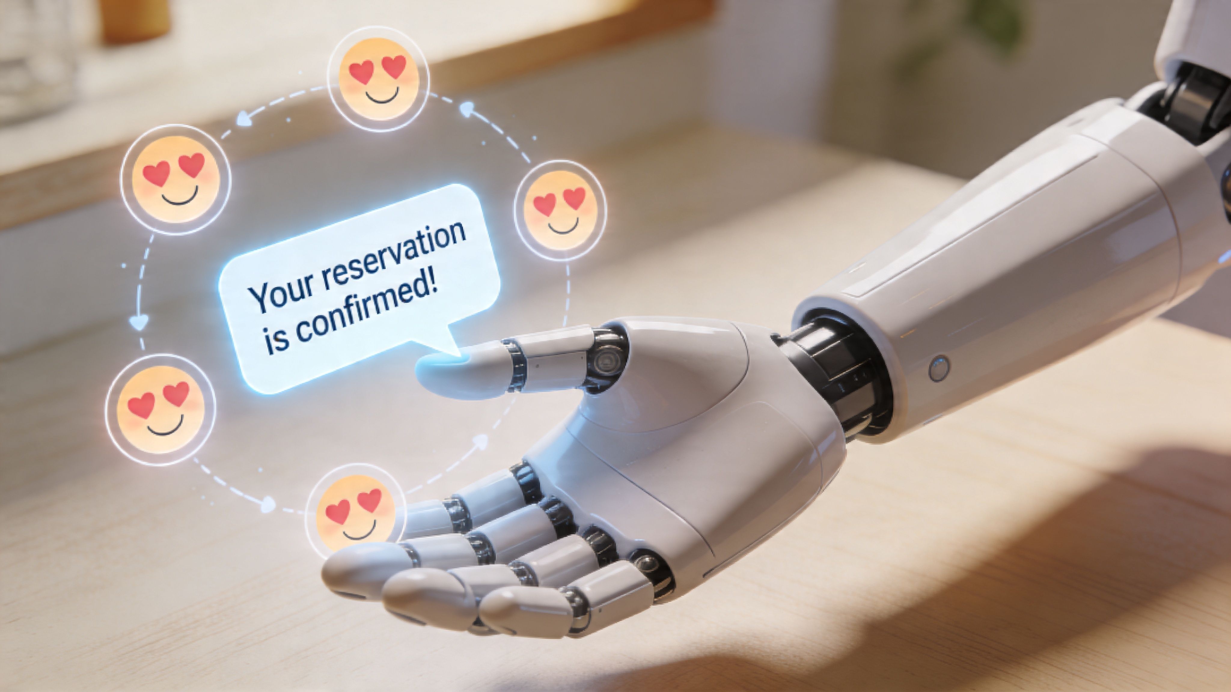 A robotic hand gestures towards a glowing digital notification confirming a reservation surrounded by heart-eyed emojis.