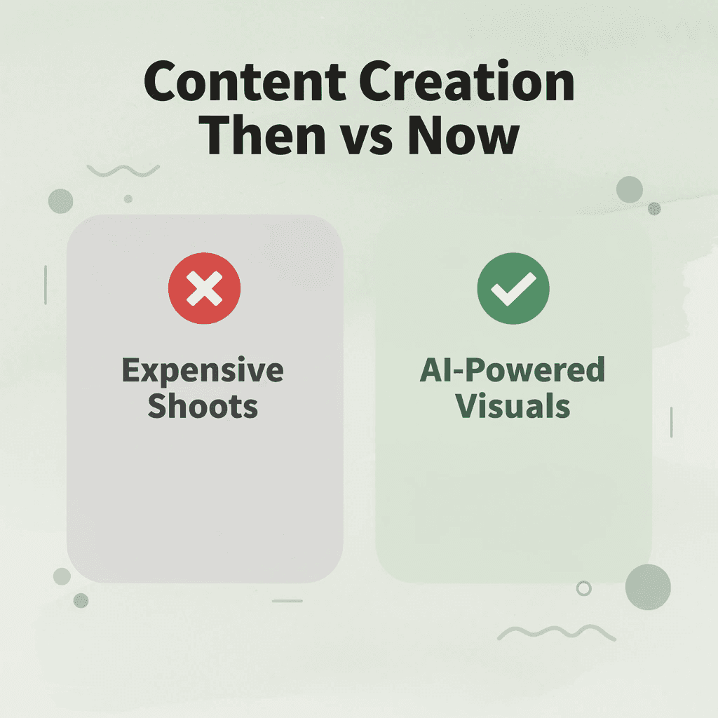 Before and after infographic comparing traditional expensive photoshoots to AI-powered visual creation