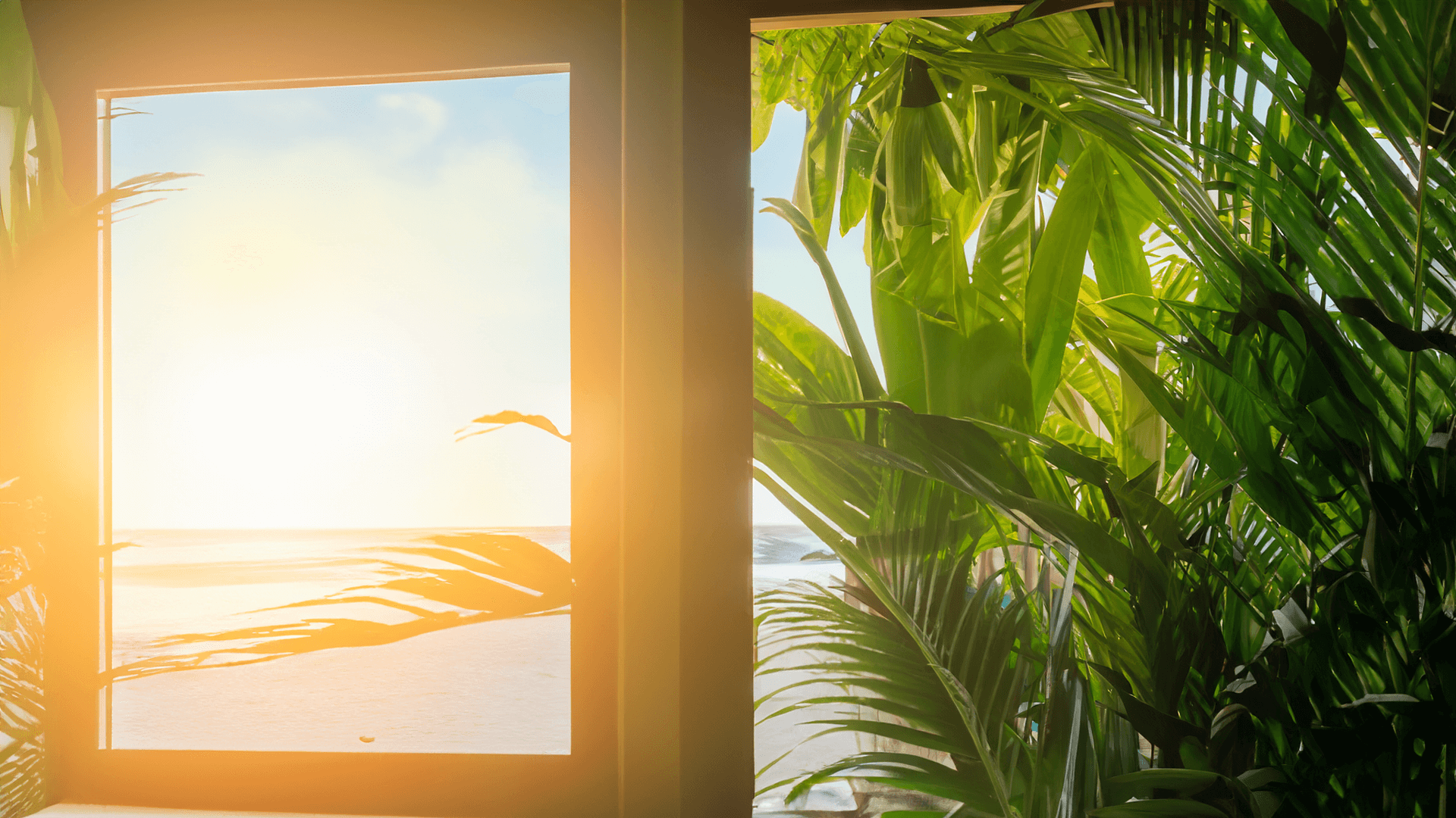 Sunrise view through a window surrounded by lush tropical greenery at Club Vieques.