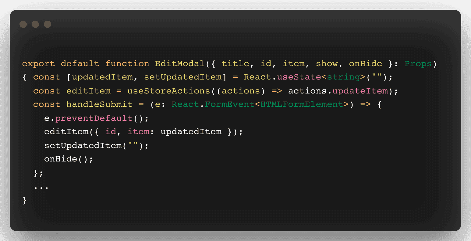 A code snippet to update an item on our list.