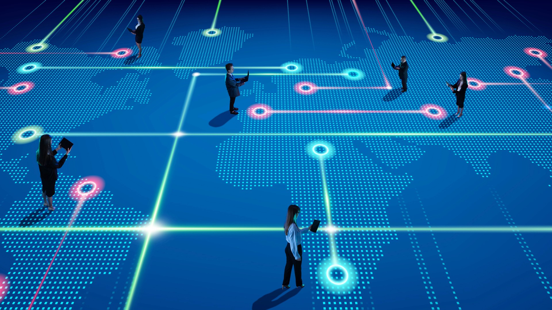 Business people connected across digital world map, symbolizing innovation, global network, seamless communication