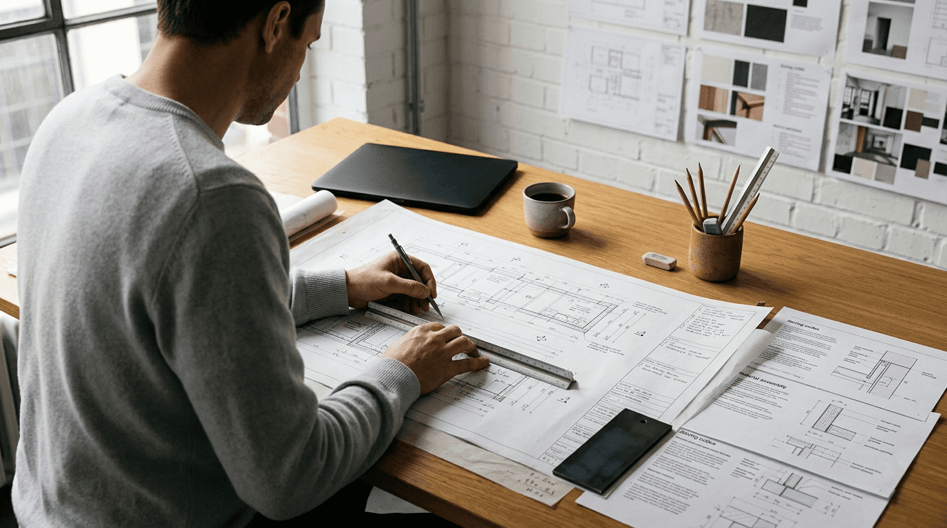 An architect drawing precise dimensional lines on a technical construction drawing in a studio.