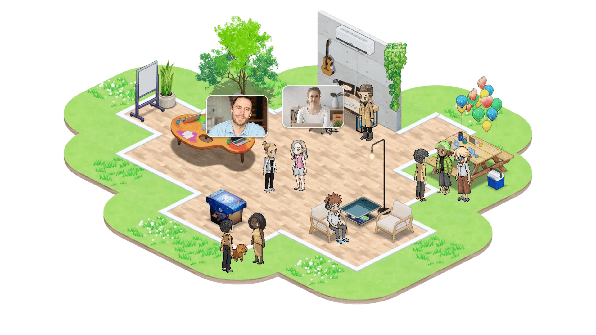 An Image of avatars meeting with eachother in a top down 3D environement SoWork office