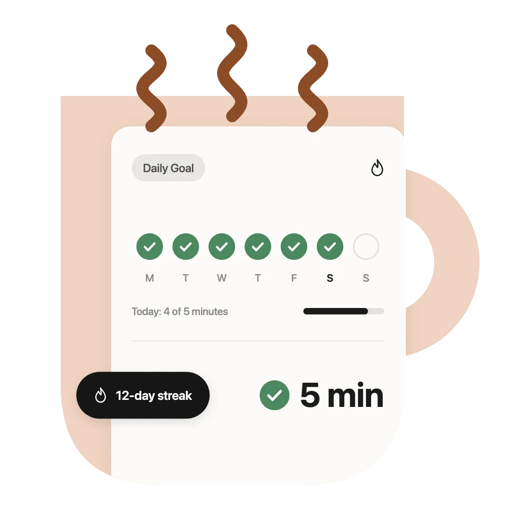 Numbio daily goal card with six days completed, a 12-day streak and five minutes of practice today.