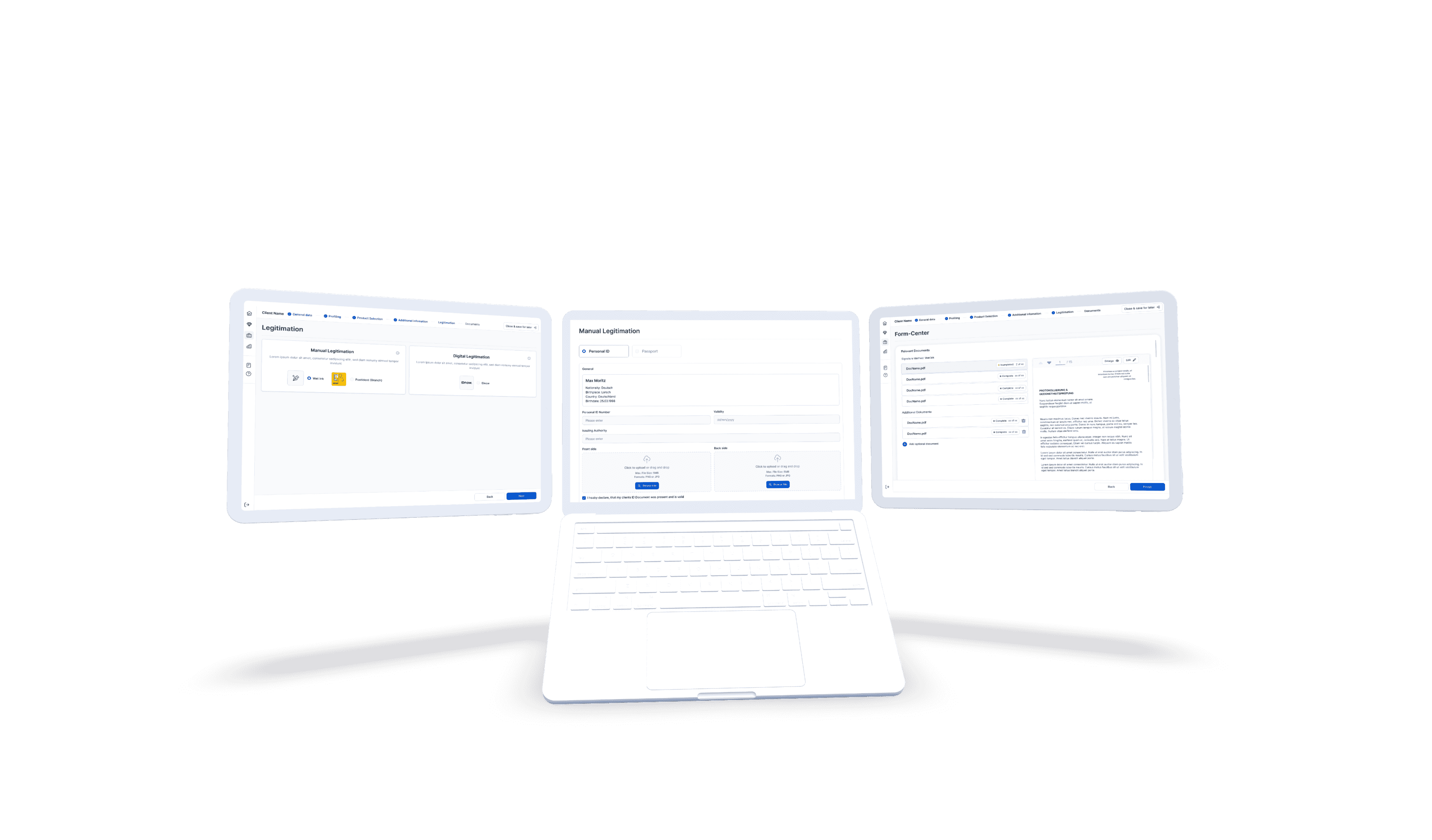 Übersicht des Onboarding-Prozesses auf mehreren Bildschirmen, mit verschiedenen Schritten wie Dokumenten-Upload und Benutzerformulare.