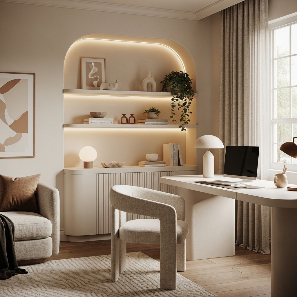 Soft modern living room concept with curved seating, warm neutral palette, and layered lighting.