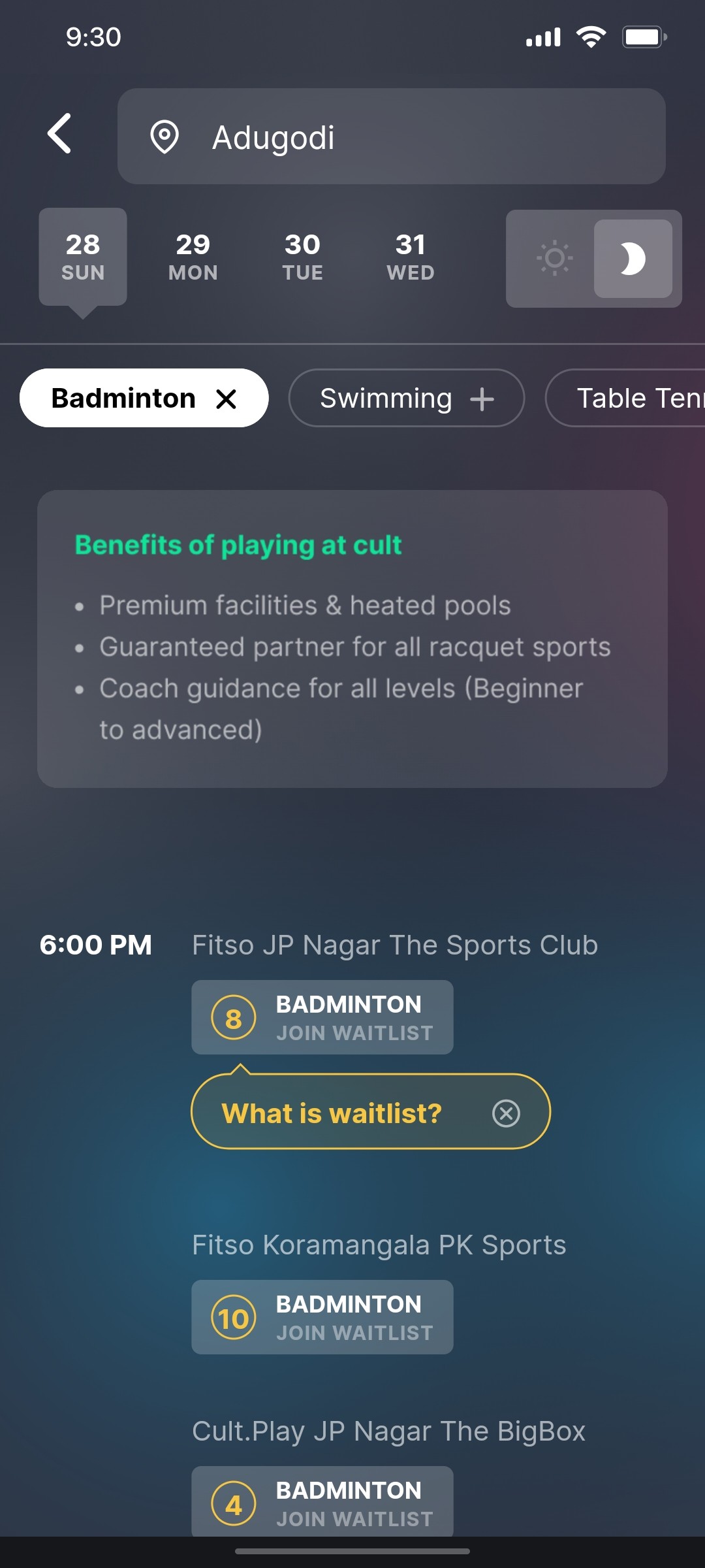 Cult.fit App Badminton Screen