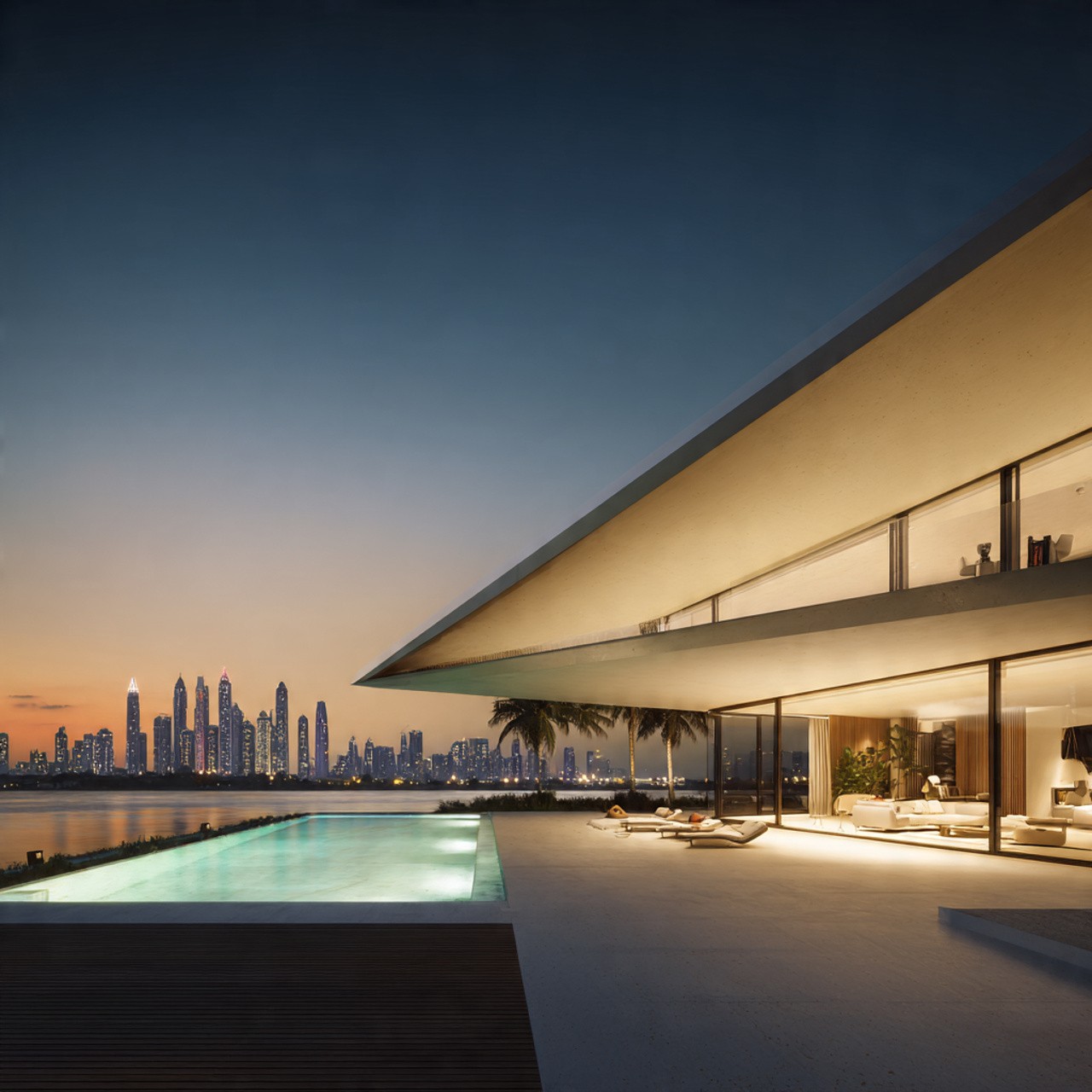 Modern luxury house with glass walls at sunset, overlooking a city skyline. An illuminated pool, palm trees, and indoor-outdoor living space evoke tranquility.
