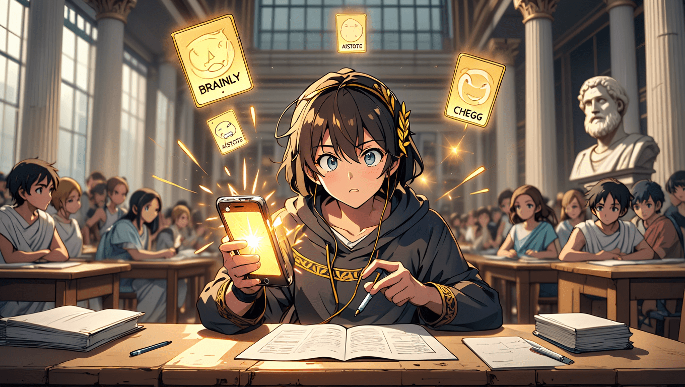 Student solving homework problems on smartphone with Brainly, Aistote and Chegg apps glowing golden in neoclassical library
