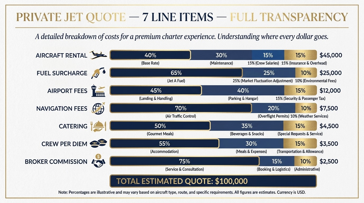 Private jet charter quote breakdown — seven line items: aircraft rental, fuel surcharge, airport fees, navigation, catering, crew, broker commission transparency