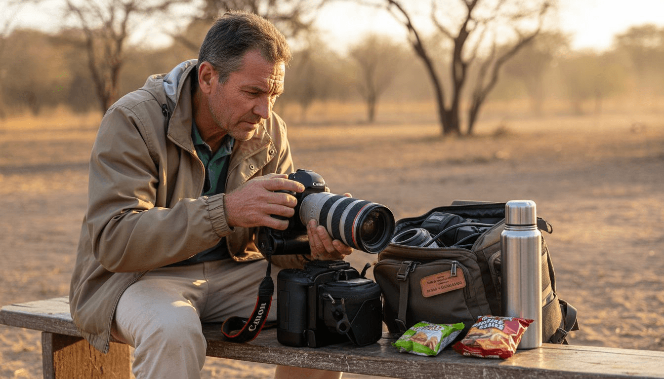 Avant le départ pour un safari au coucher du soleil, un voyageur ajuste son appareil photo, prêt à immortaliser la magie du moment.