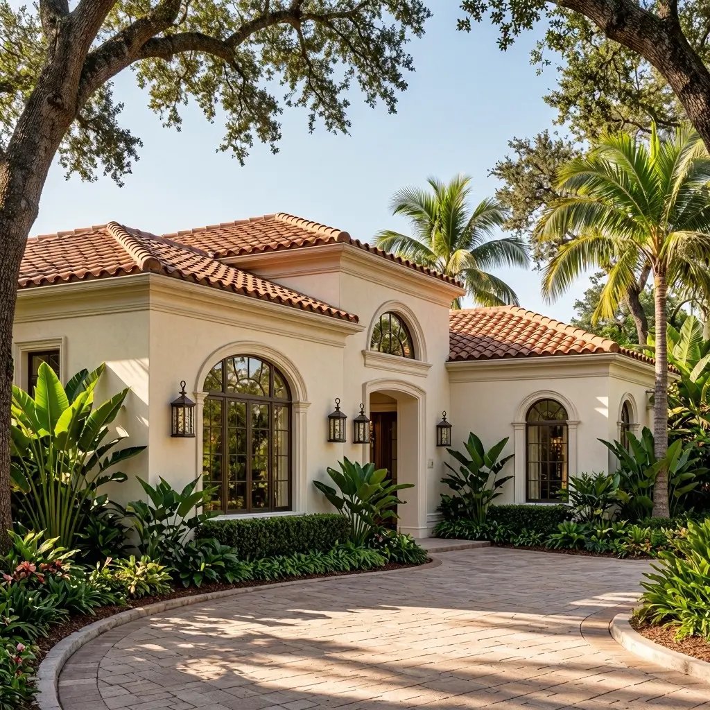 Front exterior of a Mediterranean-style luxury home featuring a terracotta tile roof, arched windows, lush tropical landscaping, and a curved brick paver driveway under large oak trees
