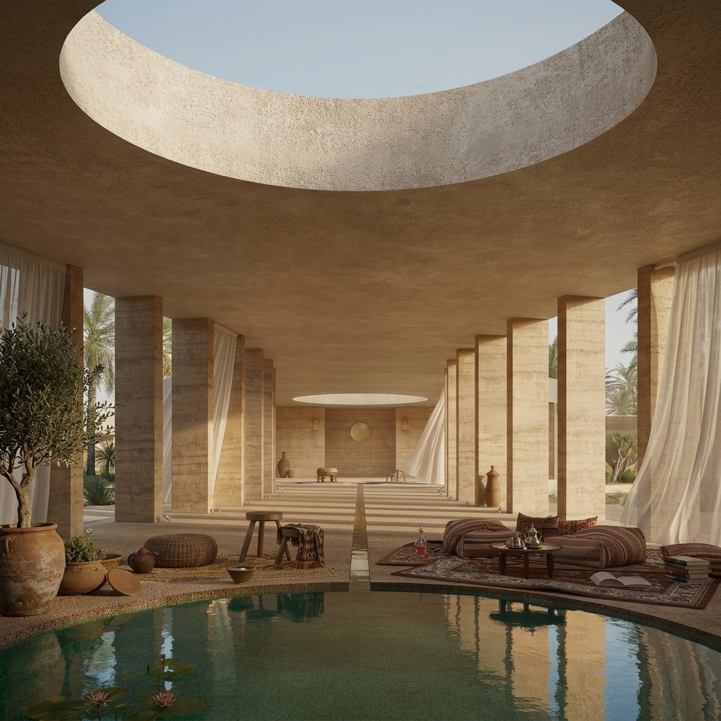 Open-air concrete pavilion with heavy square columns, a circular ceiling cutout, floor cushions, and a tranquil pool.