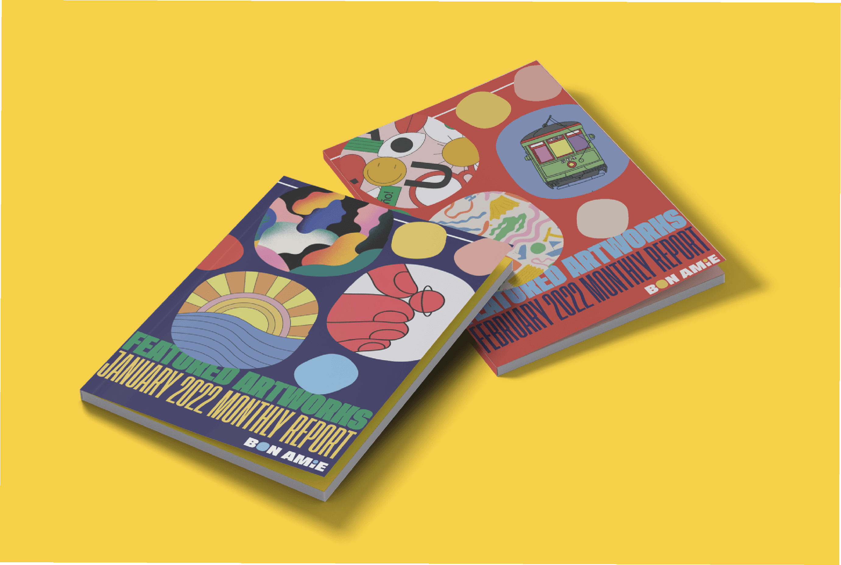 Two books are displayed on a yellow background. The front cover features a colorful design with abstract shapes and a stylized hand. The back cover displays a red background with text reading “FEATURED ARTWORKS FEBRUARY 2022 MONTHLY REPORT BON AMÉE”.