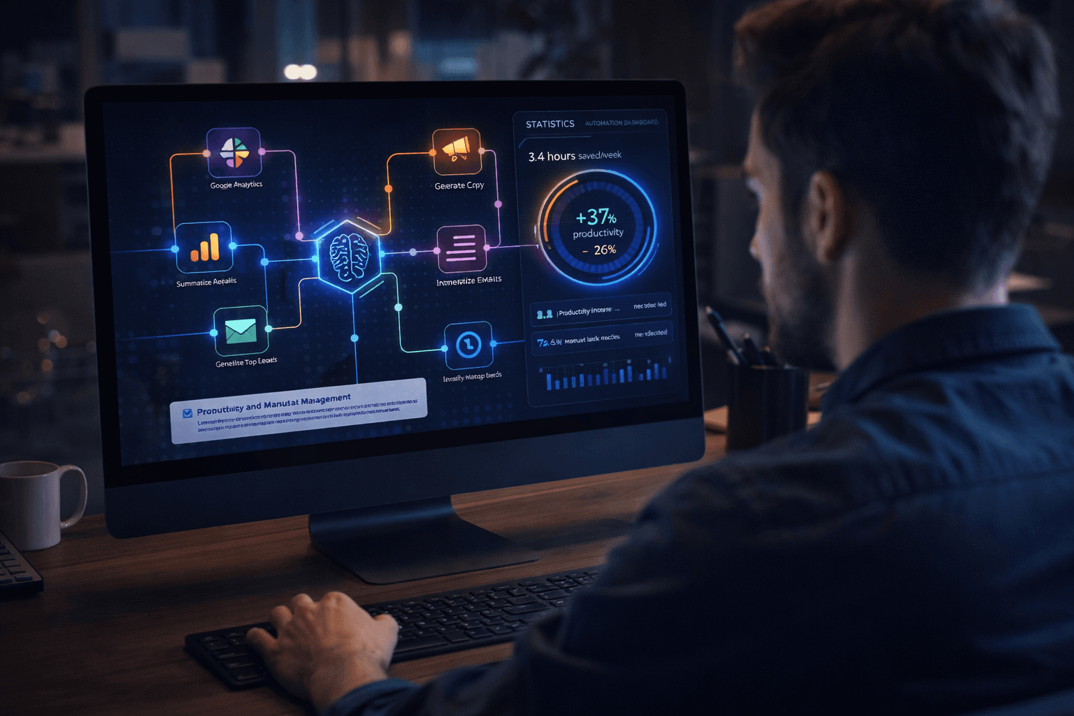 Profesional gestionando automatizaciones de IA desde un dashboard de productividad empresarial