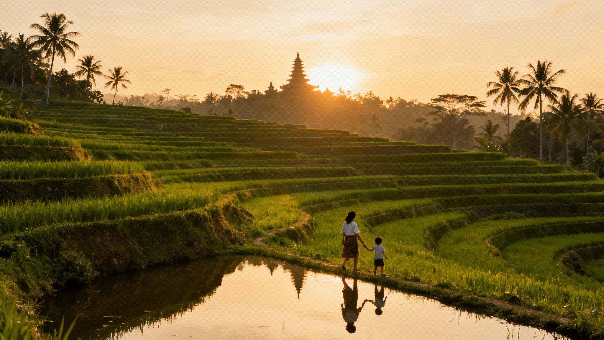 Mother and child walk through lush green rice paddies at sunrise with a temple silhouette.