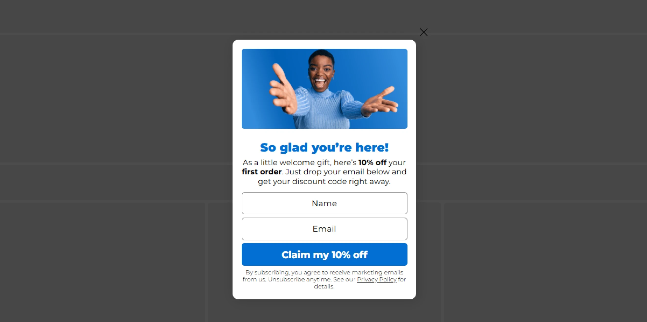 Claspo welcome popup template with a discount offer for new visitors.
