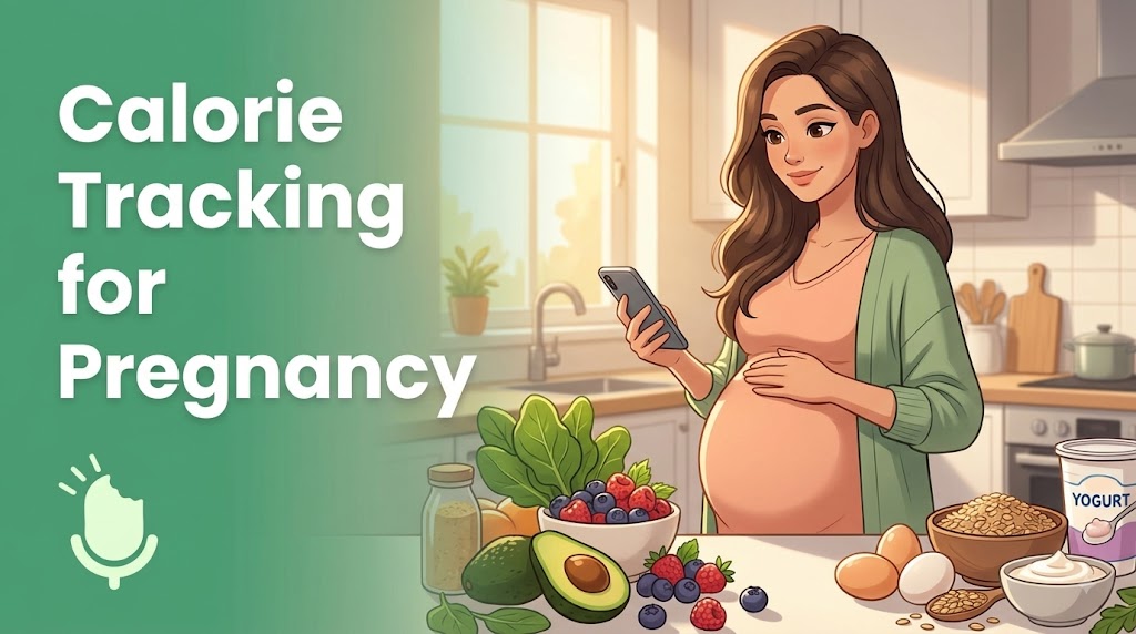 An illustrative style photo showing a happy pregnant woman in a modern kitchen using a calorie tracking app on her phone while surrounded by healthy, fresh food ingredients like avocado, berries, and spinach, illustrating nutrition during pregnancy.