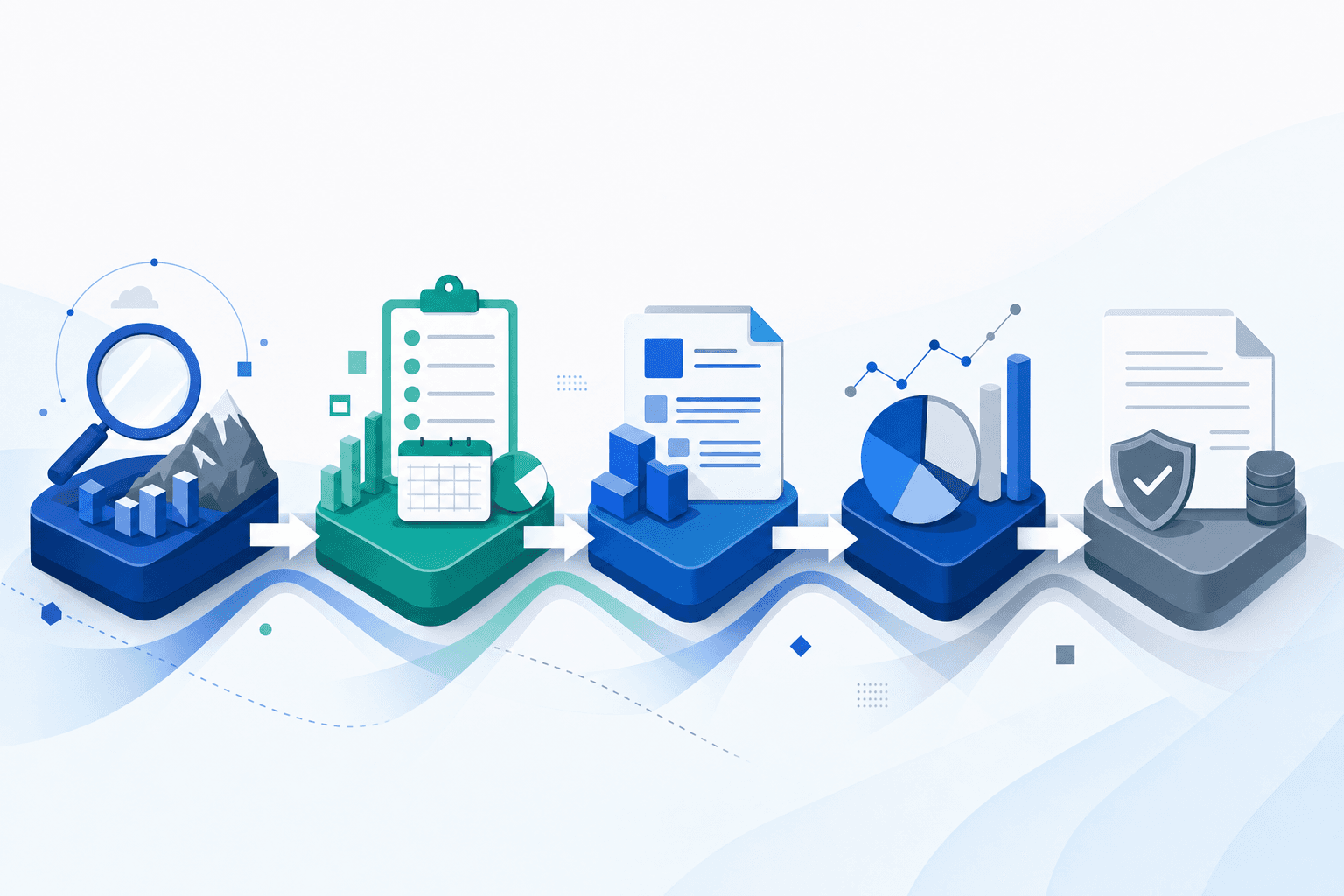A clean, modern illustration showing a complete workflow pipeline from left to right. Display connected stages: opportunity discovery, capture planning, proposal development, pricing analysis, and contract management. Use abstract geometric shapes, flowing arrows, and data visualization elements. Professional color palette with blues, greens, and grays. Isometric or flat design style showing progression and continuity. No text, words, or letters.