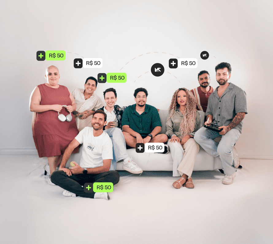 Grupo de clientes Metha reunido em uma sala, conectado por indicações que geram R$50 de desconto para quem indica e para o novo cliente.