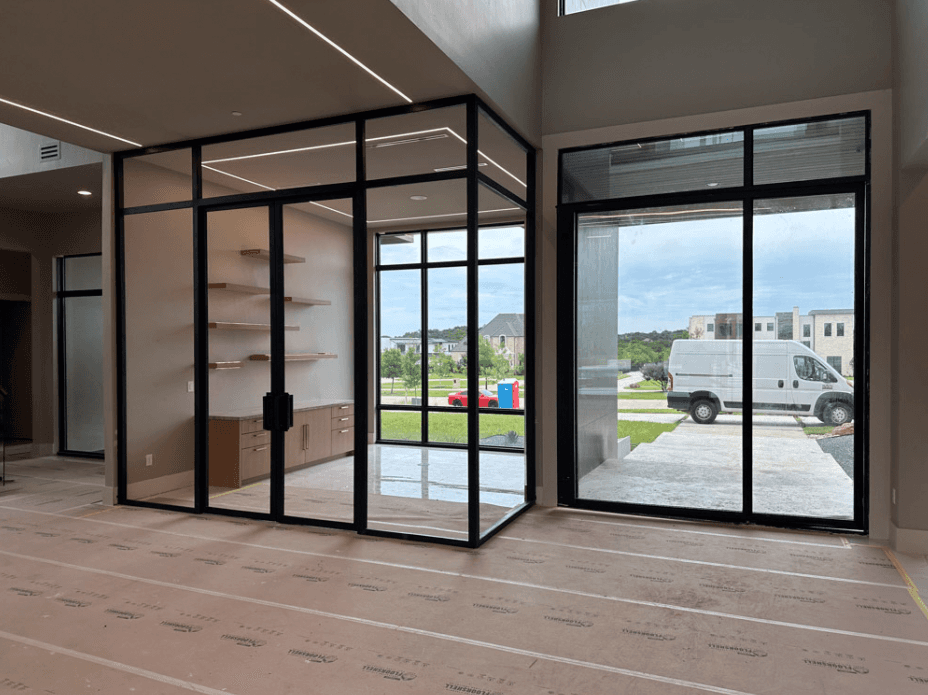 Iron entry and study doors installed by M2 Iron Doors inside a contemporary home