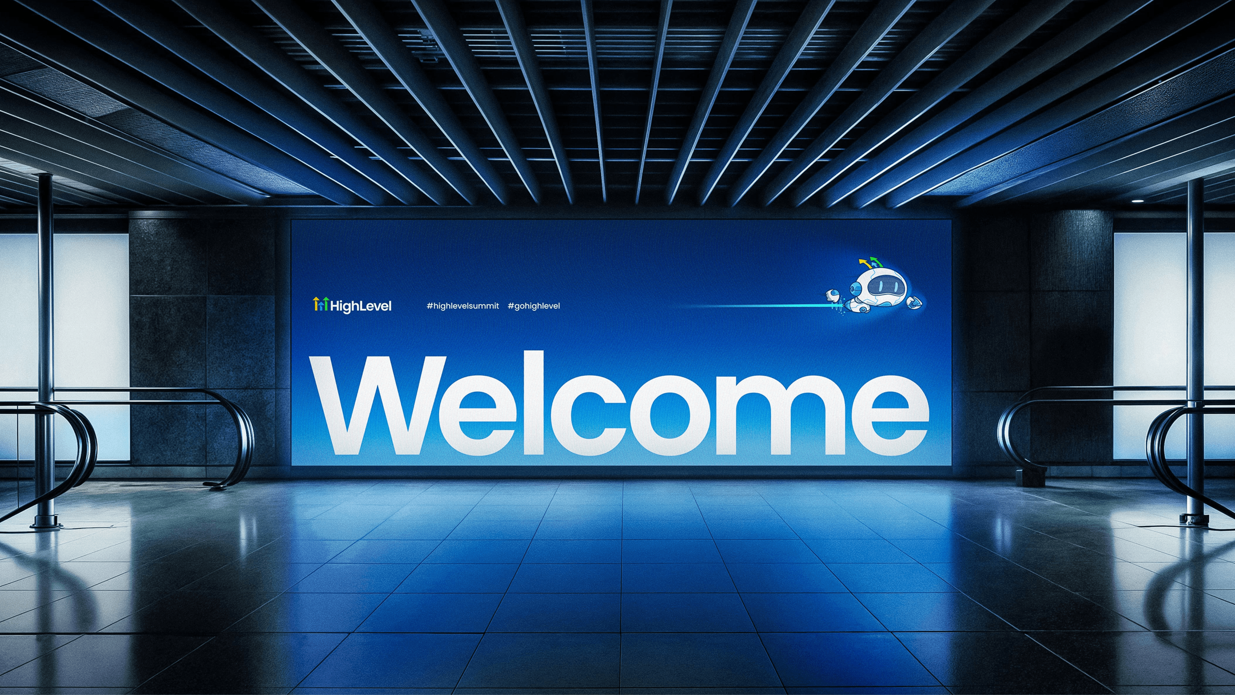 10-day brand sprint Sprint Dept rebrand brand identity case study verbal identity and messaging brand strategy for SaaS logo redesign and design system typography, color palette, UI design modern SaaS visual identity creative direction brand inspiration GoHighLevel conference config event make.com welcom blue tech mockup LED billboard highly event branding blue gradient modern premium design inspiration