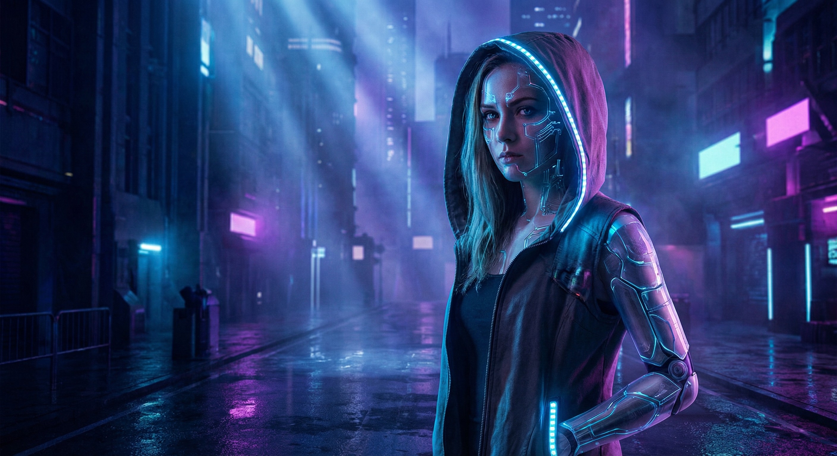 Futuristic cyborg girl with blue glowing circuitry skin, cyberpunk character by Nano Banana