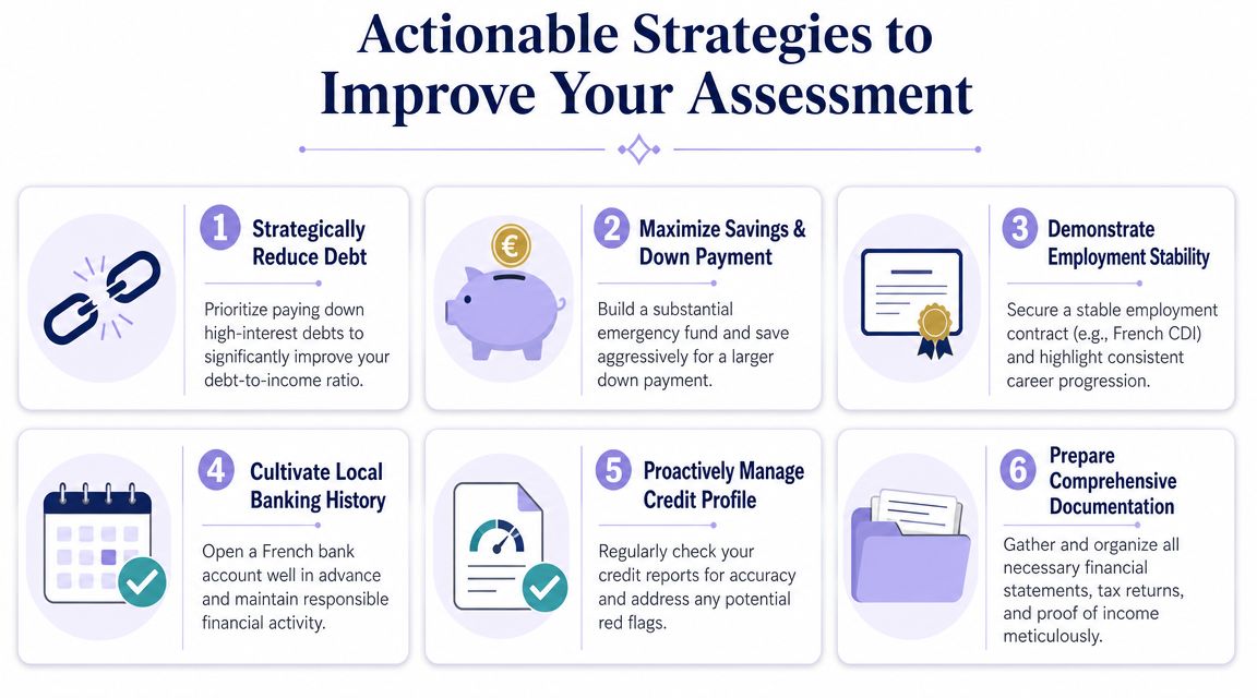 A graphic illustration detailing six actionable strategies to improve your financial assessment for lending and mortgages.