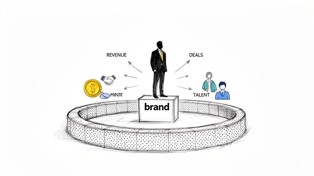 An executive stands on a 'brand' block, influencing revenue, deals, and talent.