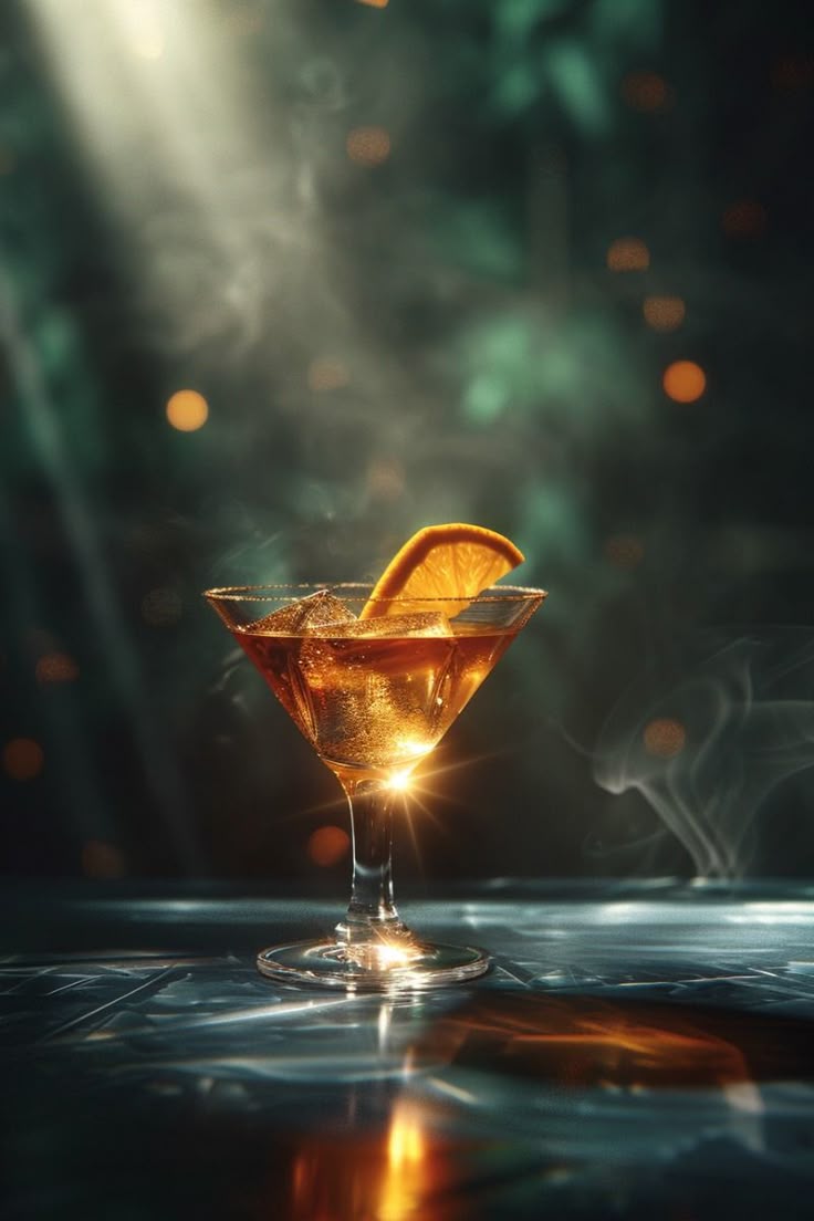 Signature Indian inspired cocktail in a martini glass with an orange slice, illuminated under dramatic bar lighting to showcase Dhoom’s global mixology techniques.