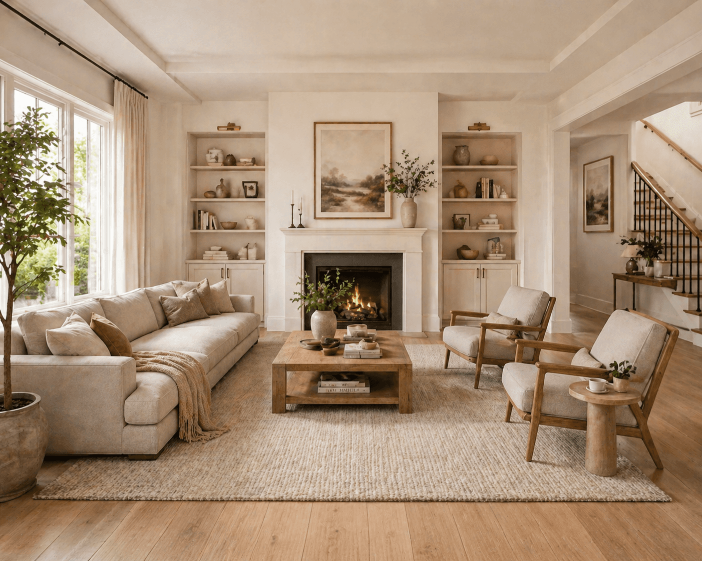 Minimal living room with beige sofa and artwork.