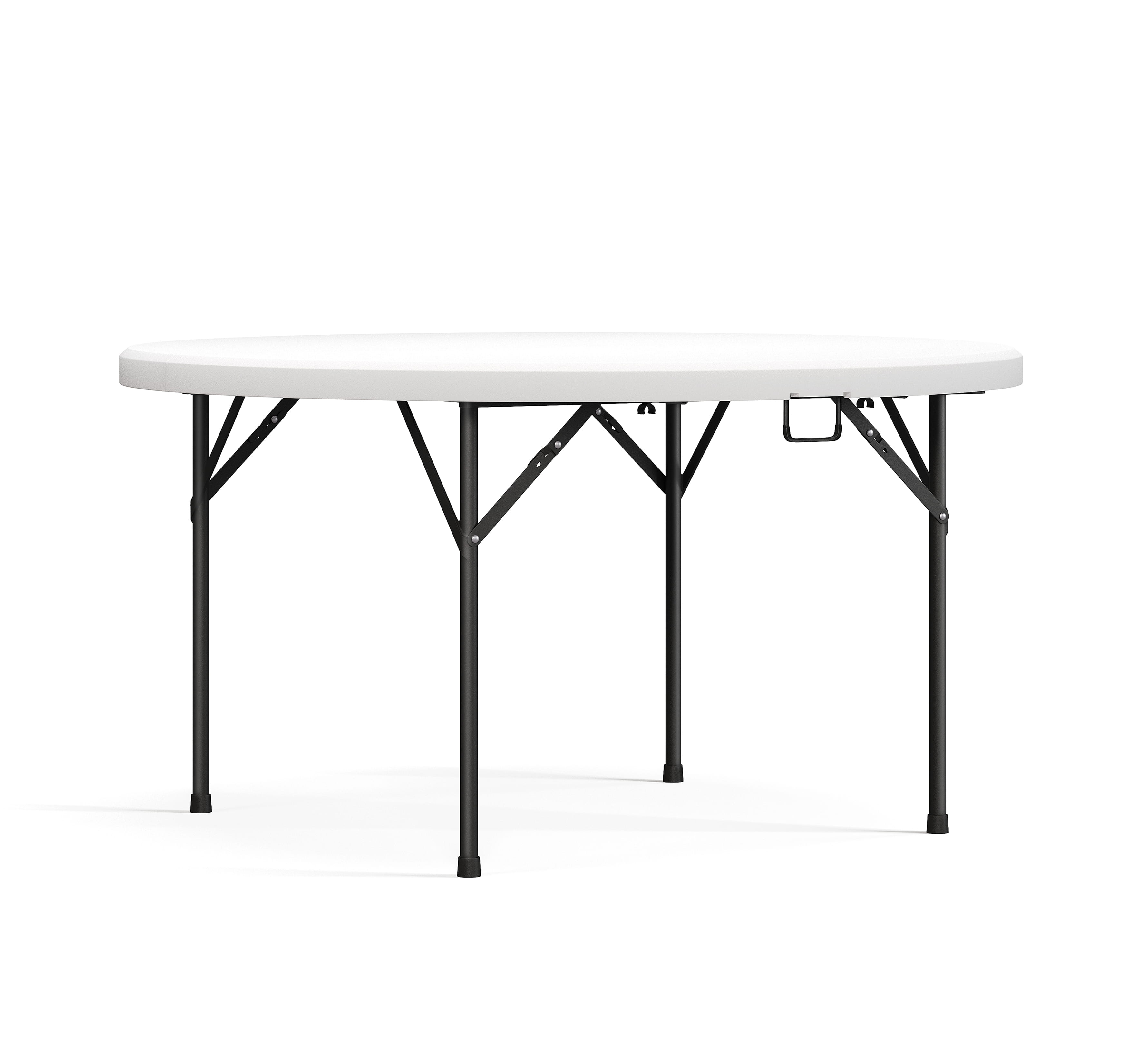 Underside view of folding table showing metal leg frame and support structure