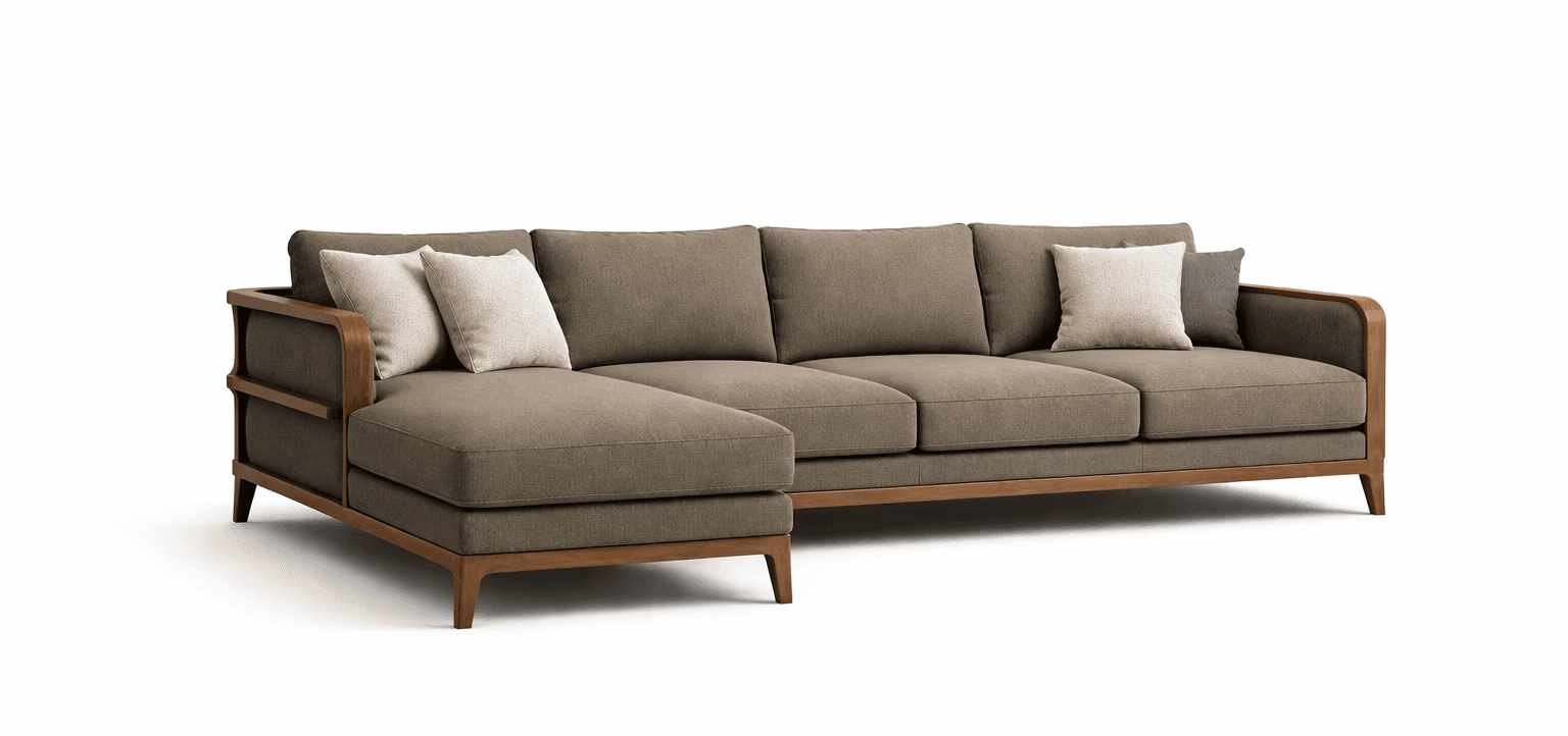 Warm‑toned chaise sofa with structured cushions and mid‑century influence