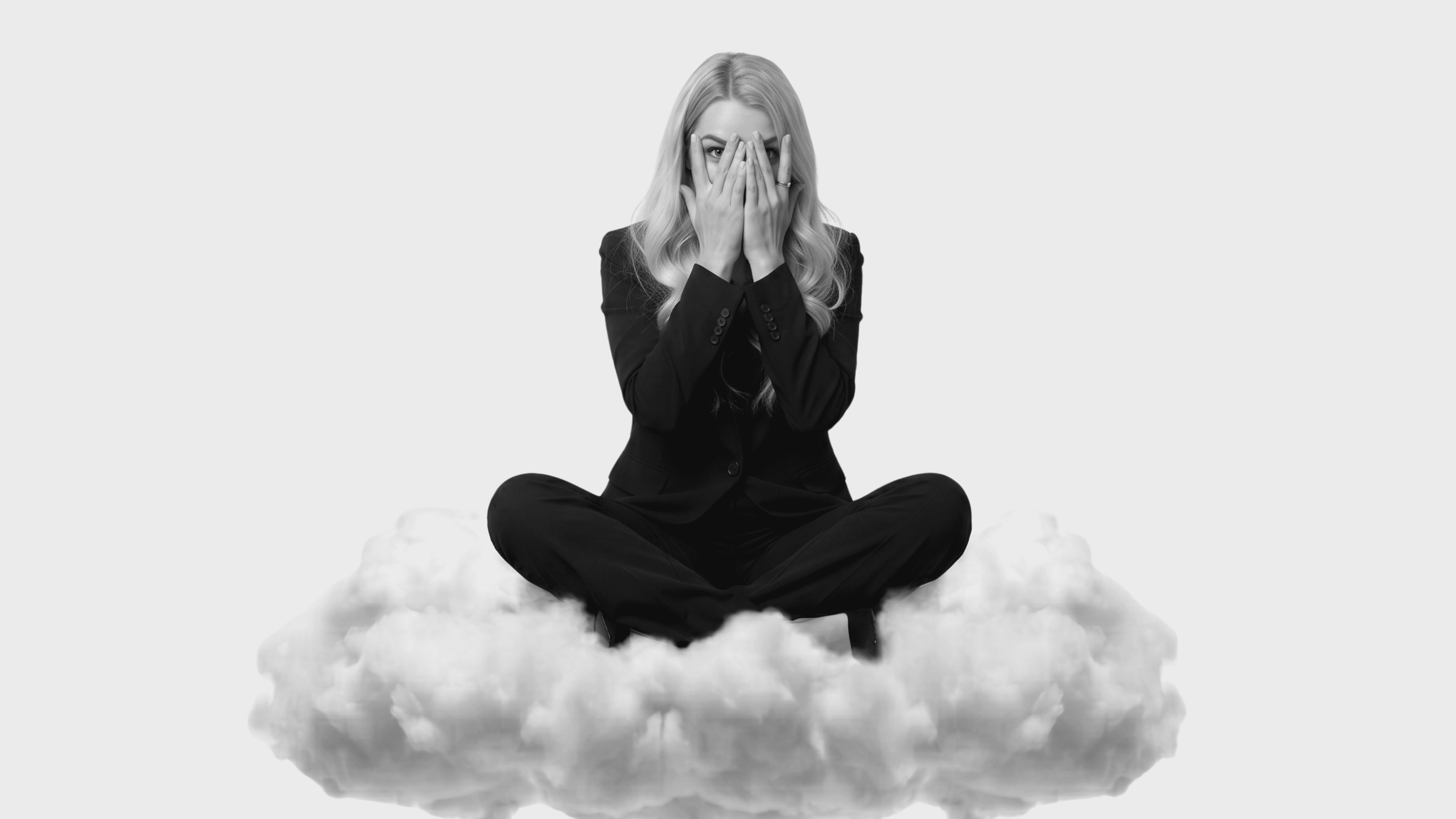 Editorial photograph of a woman in glasses reading a dictionary on a cloud, illustrating Five Six Studio's legal page.
