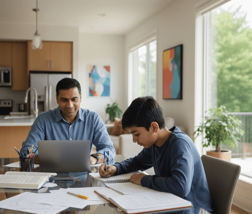 Portrait of a young man with curly hair wearing a yellow hoodie and backpack
