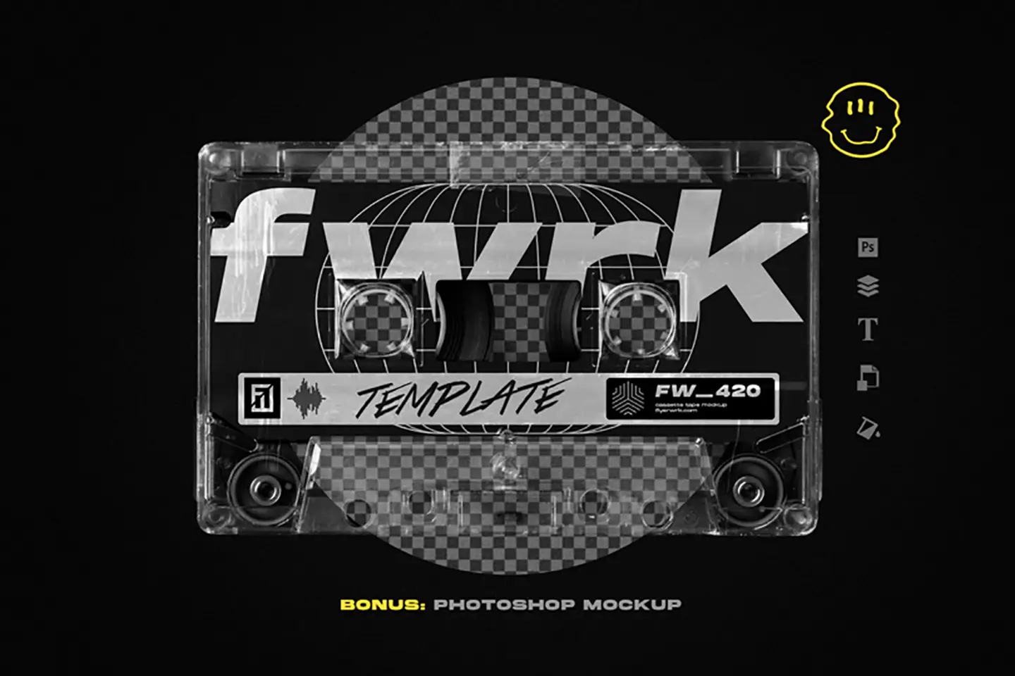 Retro Futuristic Shapes bonus cassette tape mockup template with retro music design