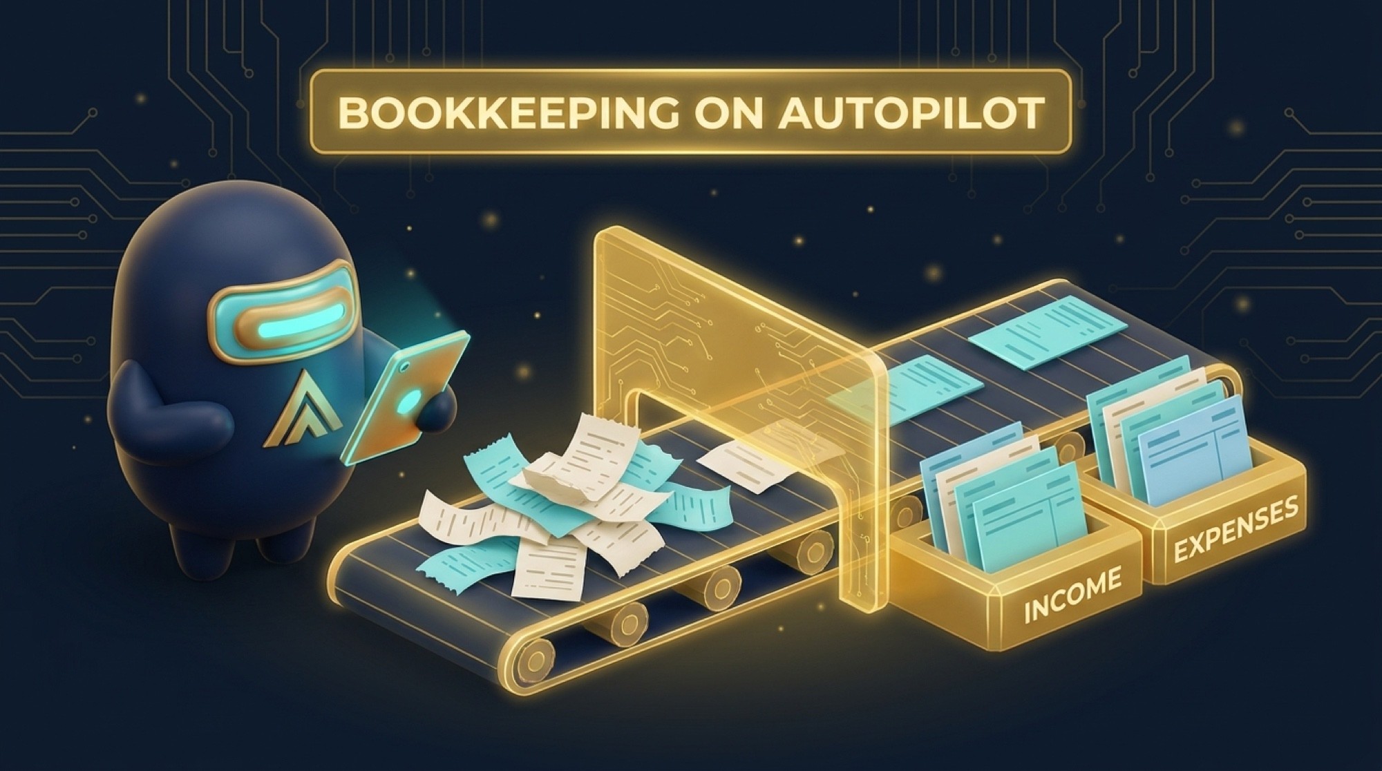 Bean watching a glowing conveyor belt sort messy receipts into Income and Expenses ledgers under a banner reading BOOKKEEPING ON AUTOPILOT