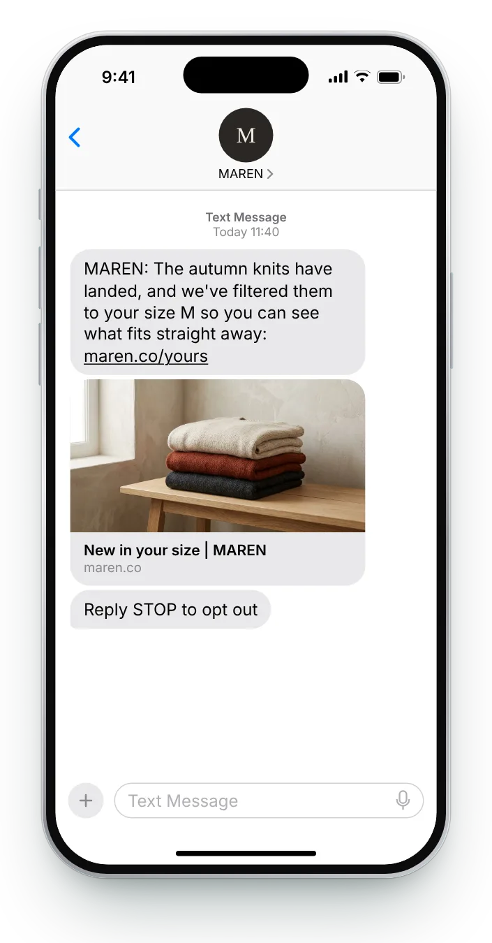 New season, already in their size SMS win-back text on an iPhone