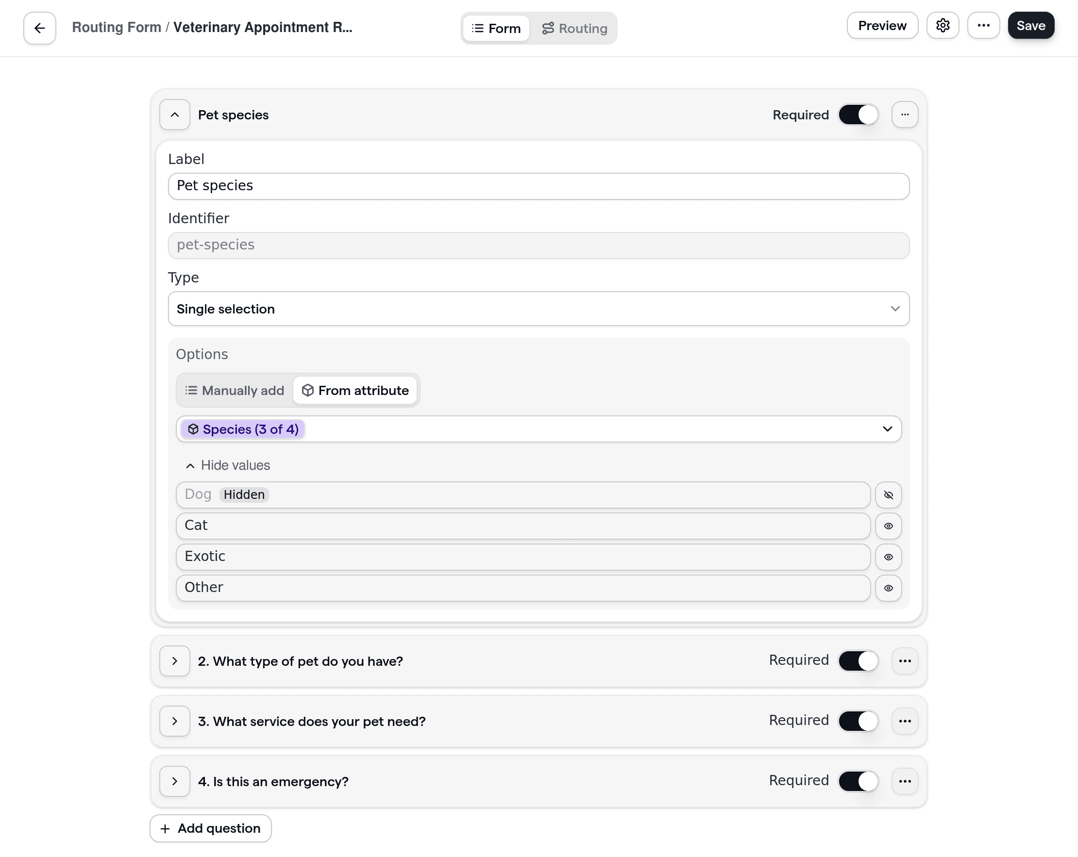 Veterinary routing form showing custom questions for pet type, service needed, and urgency, tailored for veterinary clinics.