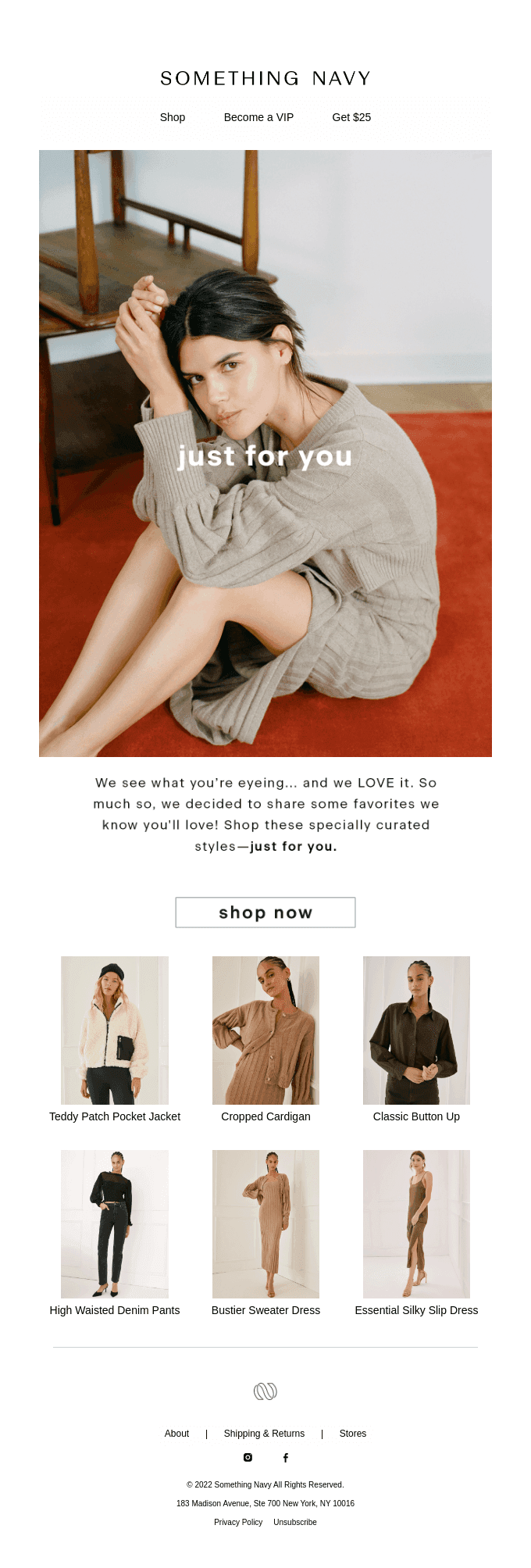 Something Navy browse abandonment email featuring curated fashion items like the Teddy Patch Pocket Jacket and Essential Silky Slip Dress, with a Shop Now call-to-action