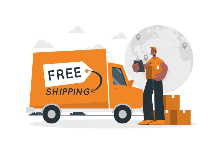 Illustration of a delivery truck labeled “Free Shipping” with a worker handling packages.