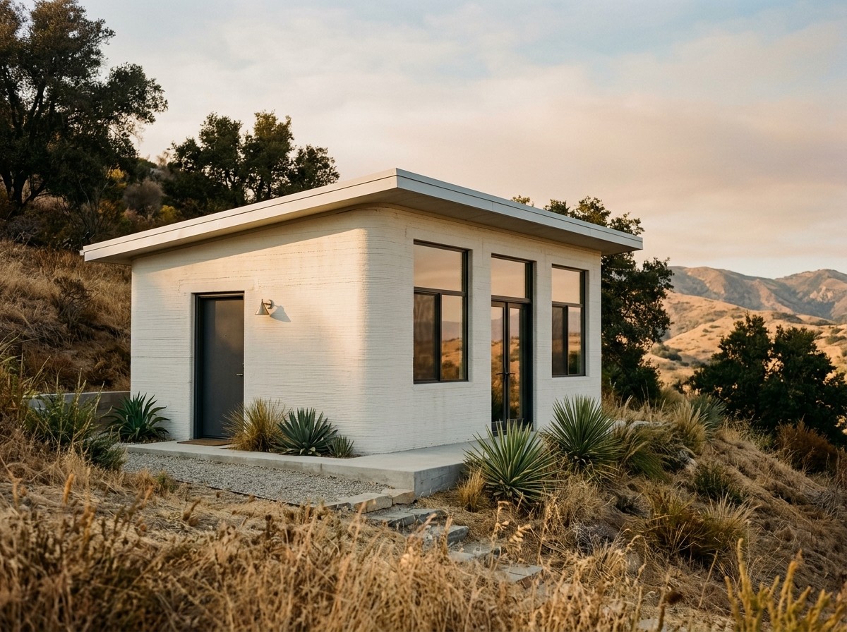white concrete house california hillside dusk